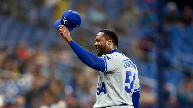 Jun 22, 2023; St. Petersburg, Florida, USA; Kansas City Royals relief pitcher Aroldis Chapman (54) walks off the field after pitching against the Tampa Bay Rays in the eighth inning at Tropicana Field. Mandatory Credit: Nathan Ray Seebeck-USA TODAY Sports